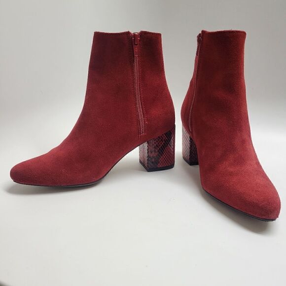 Portuguese Red Suede Leather & Snakeskin Block Heel Point Boots - Picture 2 of 14